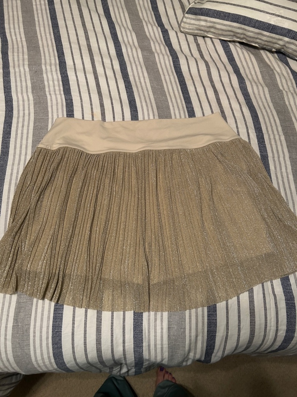 aerie Metallic Gold Pleated Skater Skirt with Cream Waistband
